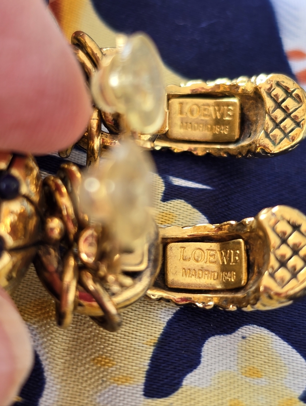 Loewe Vintage Gold-Tone Pearl Drop Clip On 2.25"Earrings with Blue Accents - Picture 4 of 8